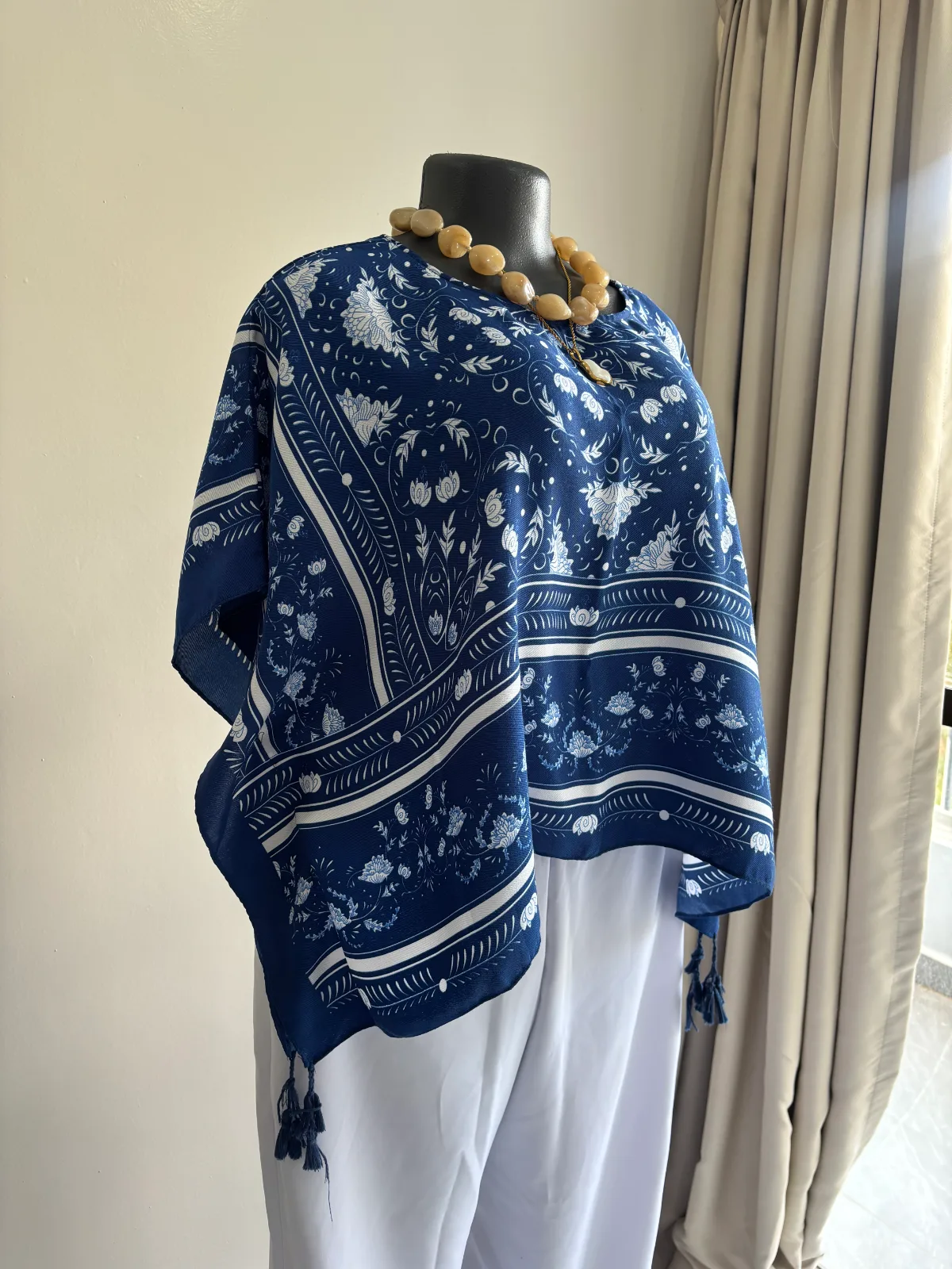 Blue Paisley Print Tassel Poncho Top 